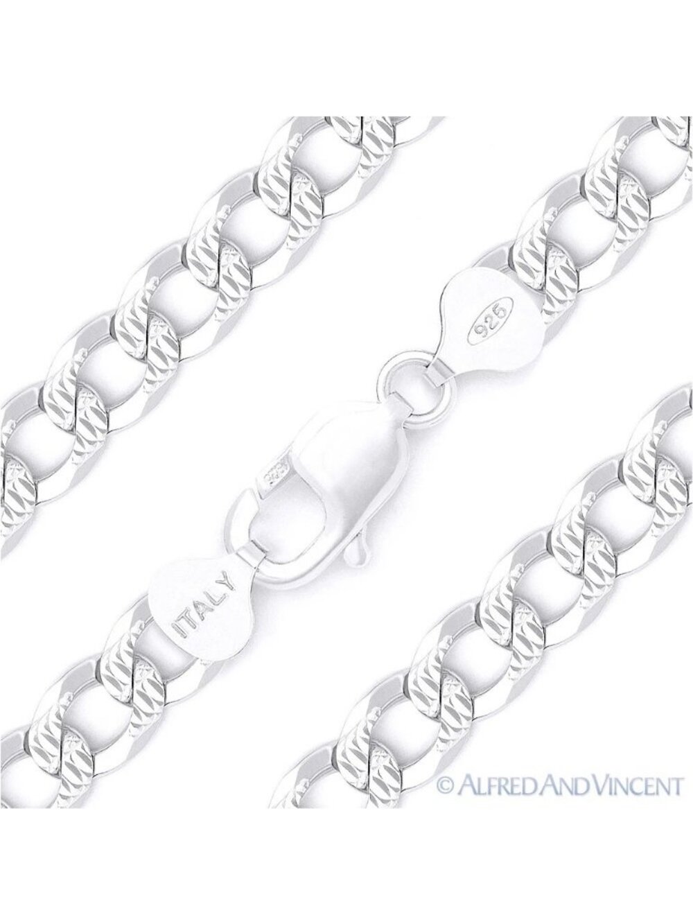 10.5mm Cuban / Curb Link D-Cut Pave Chain Bracelet in .925 Sterling Silver
